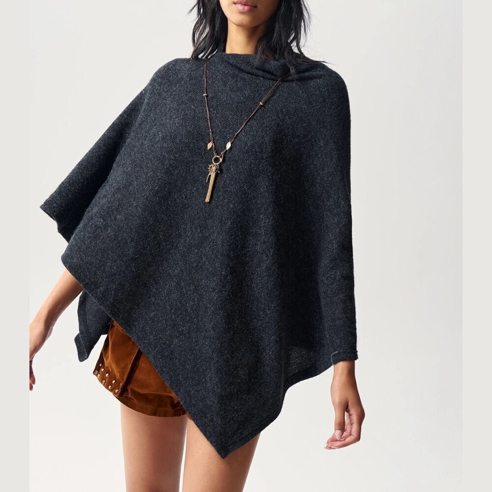 Charcoal Knit Hooded Asymmetric Hem Poncho Sweater